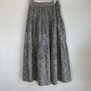 Staud Sea Maxi Skirt Size 6 Tiered Navy Mosaic Boho Indie Artsy Abstract Cotton